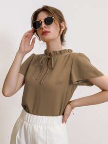 Modelyn Blusa de cuello con cordón de manga farol - Caqui - Ver 6