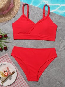 Conjunto de bikini sólido para niña preadolescente, verano playa - Rojo - Ver 1