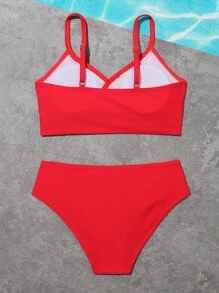 Conjunto de bikini sólido para niña preadolescente, verano playa - Rojo - Ver 2