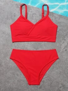 Conjunto de bikini sólido para niña preadolescente, verano playa - Rojo - Ver 5
