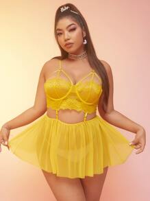 Plus Contrast Lace Cut-out Slips - Yellow - View 1