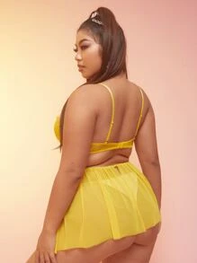 Plus Contrast Lace Cut-out Slips - Yellow - View 2