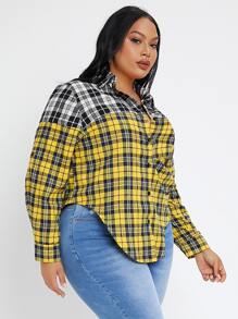 SHEIN SXY 大碼蘇格蘭格紋撞色弧形下擺襯衫 - 彩色 - 查看 4