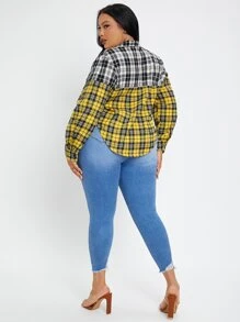 SHEIN SXY 大碼蘇格蘭格紋撞色弧形下擺襯衫 - 彩色 - 查看 2