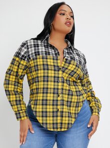 SHEIN SXY 大碼蘇格蘭格紋撞色弧形下擺襯衫 - 彩色 - 查看 1