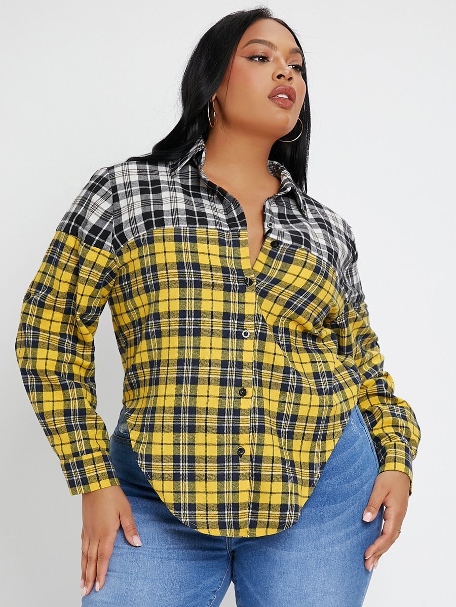 SHEIN SXY 大碼蘇格蘭格紋撞色弧形下擺襯衫 - 彩色 - 查看 1