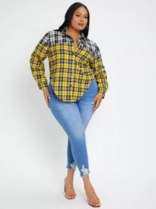 SHEIN SXY 大碼蘇格蘭格紋撞色弧形下擺襯衫 - 彩色 - 查看 3