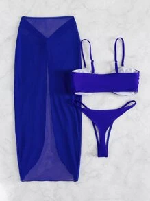 Swim SXY 夏日海灘三件套，純色V連體比基尼＆扭結沙灘裙 - 寶藍色 - 查看 2