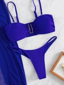 Swim SXY 夏日海灘三件套，純色V連體比基尼＆扭結沙灘裙 - 寶藍色 - 查看 5