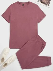 SHEIN Men Solid Tee & Trousers Lounge Set - Rose Red - View 1