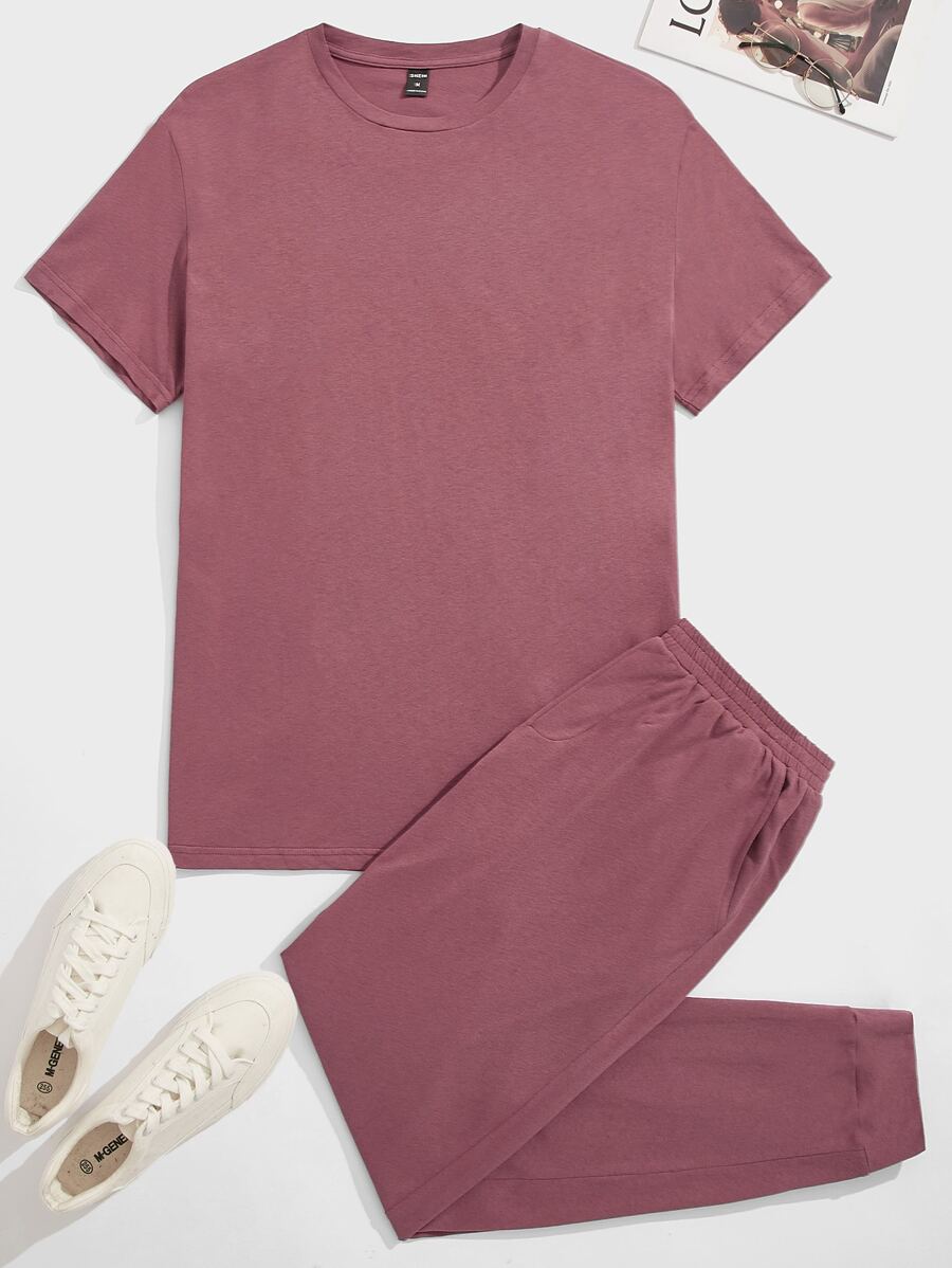 SHEIN Men Solid Tee & Trousers Lounge Set - Rose Red - View 1