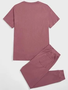 SHEIN Men Solid Tee & Trousers Lounge Set - Rose Red - View 2