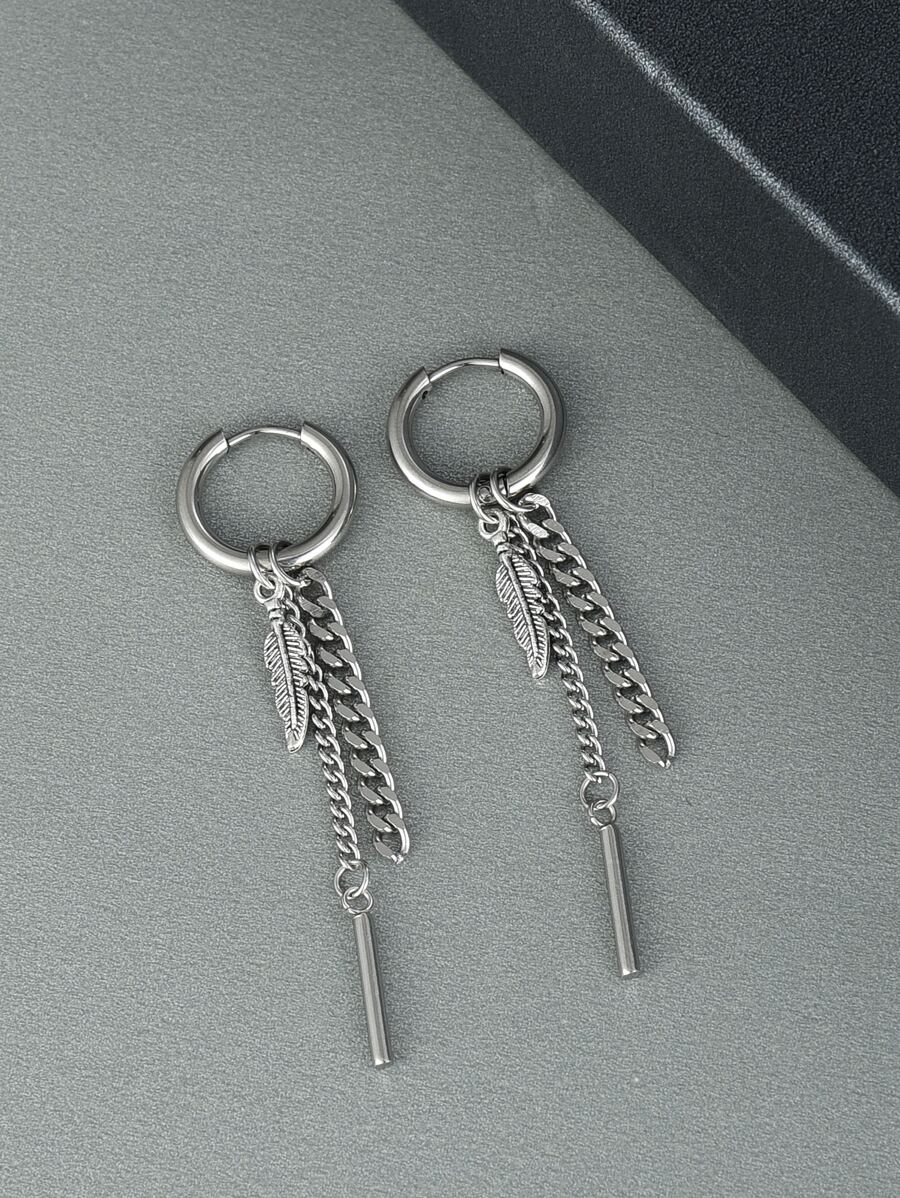 Fashionable and Popular Men Feather & Chain Drop Earrings Stainless Steel for Jewelry Gift and for a Stylish Look - Silver - View 1