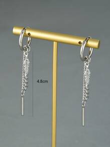 Fashionable and Popular Men Feather & Chain Drop Earrings Stainless Steel for Jewelry Gift and for a Stylish Look - Silver - View 3