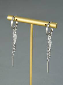Fashionable and Popular Men Feather & Chain Drop Earrings Stainless Steel for Jewelry Gift and for a Stylish Look - Silver - View 4