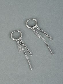 Fashionable and Popular Men Feather & Chain Drop Earrings Stainless Steel for Jewelry Gift and for a Stylish Look - Silver - View 5