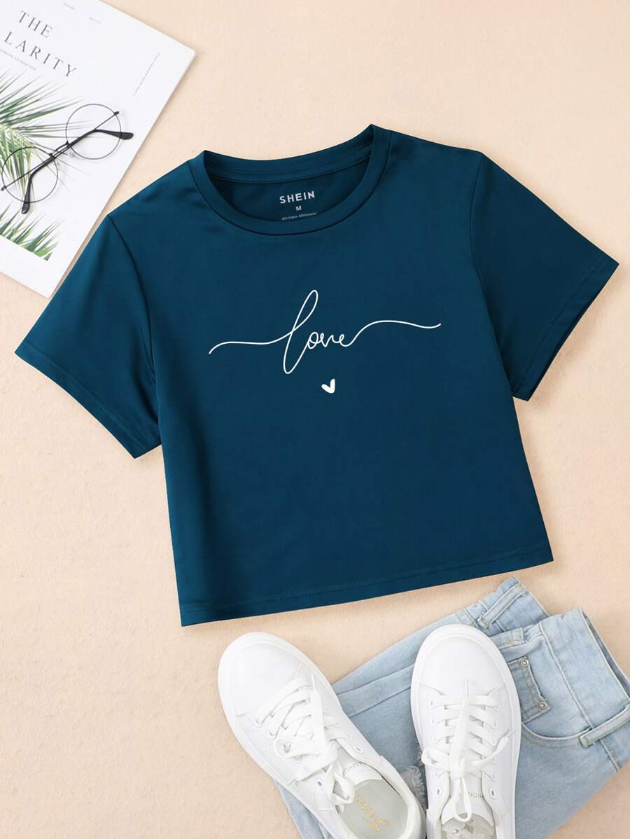 INAWLY Letter Graphic Crop Tee Graphic Tees Women Tops - Navy Blue - View 1