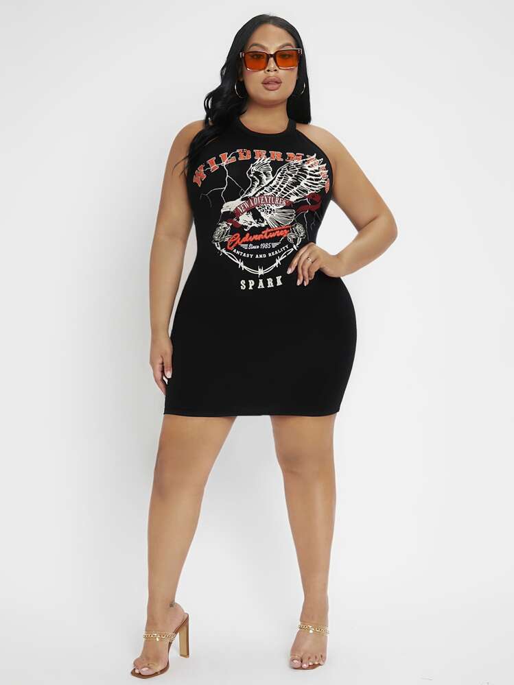 SHEIN SXY Đầm Plus Size Lộ Lưng Thú vật Lá thư Giải trí - màu đen - Xem 3