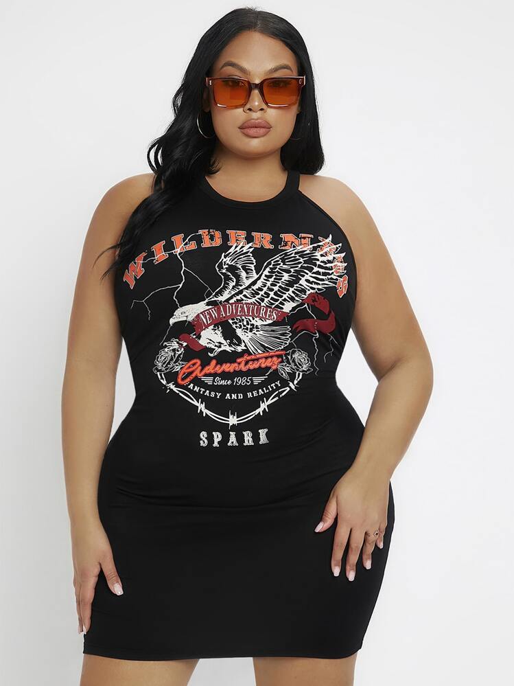 SHEIN SXY Đầm Plus Size Lộ Lưng Thú vật Lá thư Giải trí - màu đen - Xem 4