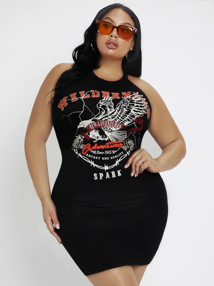 SHEIN SXY Đầm Plus Size Lộ Lưng Thú vật Lá thư Giải trí - màu đen - Xem 5