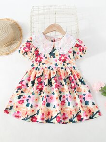 SHEIN 小女童印花網眼刺繡誇大領口泡泡袖連衣裙 - 彩色 - 查看 1