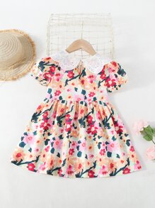SHEIN 小女童印花網眼刺繡誇大領口泡泡袖連衣裙 - 彩色 - 查看 2
