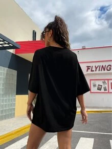 SHEIN EZwear Áo thun nữ Slogan Giải trí - màu đen - Xem 2