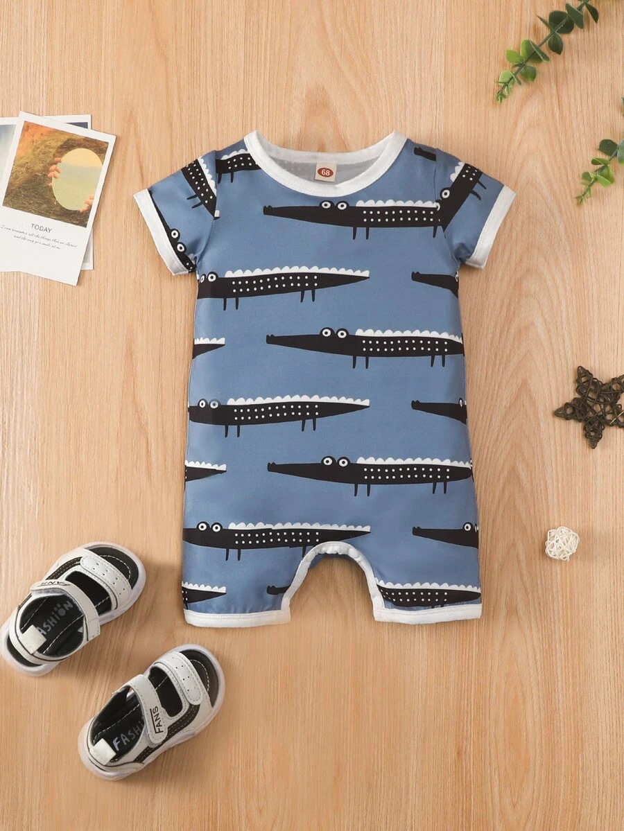 Rompers Em bé Tương phản ràng buộc Hoạt hình - Màu xanh bụi bặm - Xem 1