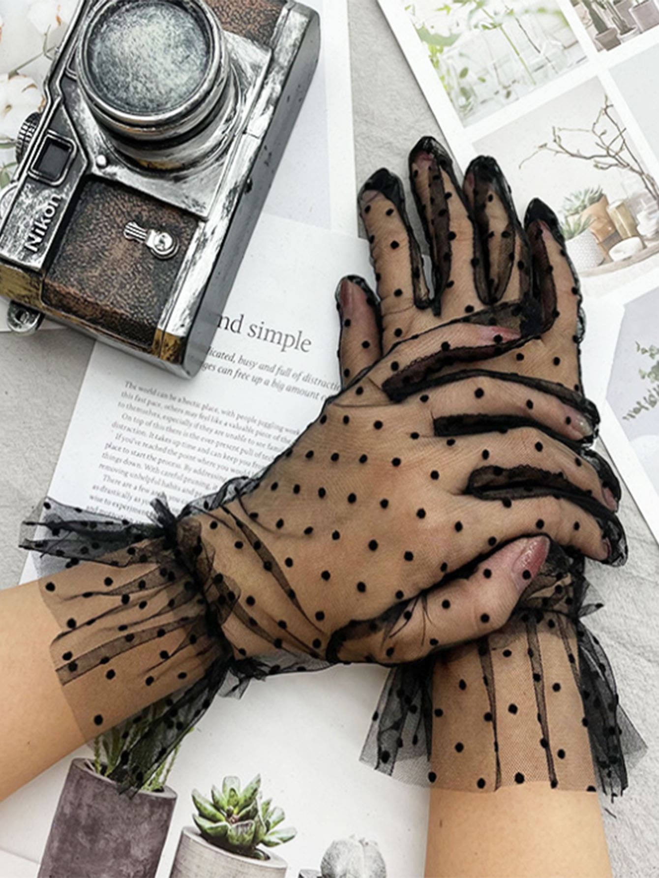 Polka Dot Mesh Gloves - Black - View 1