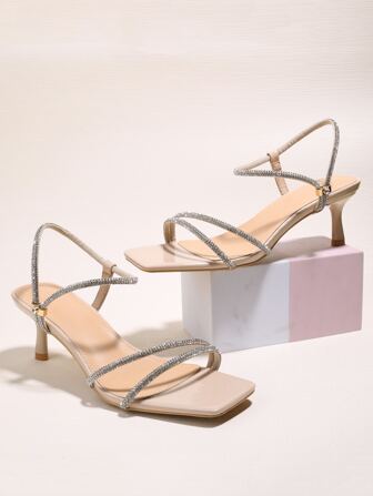 Sandalias de tacón alto para mujer, tacón de aguja sexy con tira de cristal, fresco para el verano