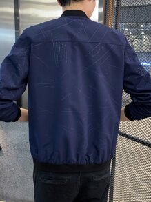 Men Geo Print Bomber Jacket - Navy Blue - View 2