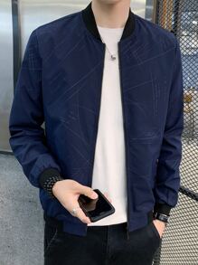 Men Geo Print Bomber Jacket - Navy Blue - View 3