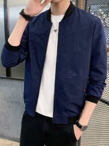 Men Geo Print Bomber Jacket - Navy Blue - View 4