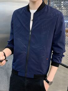 Men Geo Print Bomber Jacket - Navy Blue - View 5