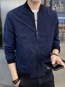 Men Geo Print Bomber Jacket - Navy Blue - View 7