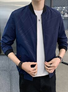 Men Geo Print Bomber Jacket - Navy Blue - View 8