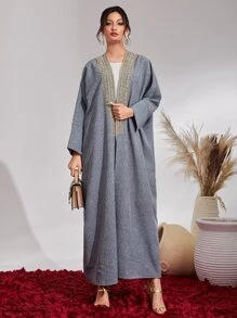 Al Najma Abaya à broderie manches dolman - Gris - Voir 4