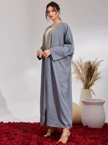 Al Najma Abaya à broderie manches dolman - Gris - Voir 5