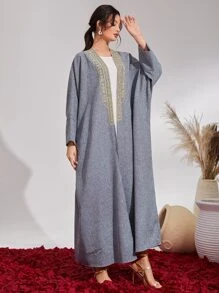 Al Najma Abaya à broderie manches dolman - Gris - Voir 1