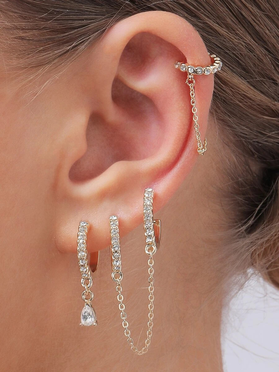 2pairs Rhinestone Decor Earrings & 1pc Ear Cuff - Yellow Gold - View 1