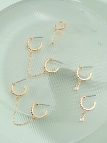 2pairs Rhinestone Decor Earrings & 1pc Ear Cuff - Yellow Gold - View 2