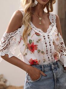 Áo sơ mi nữ Tương phản ren Hoa Giải trí - trắng - Xem 1