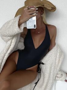 Swim SXY Summer Beach Plain Tie Side High Cut One Piece Swimsuit - Black - View 1