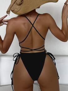Swim SXY Summer Beach Plain Tie Side High Cut One Piece Swimsuit - Black - View 2