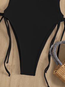 Swim SXY Summer Beach Plain Tie Side High Cut One Piece Swimsuit - Black - View 4