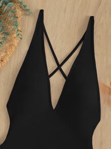 Swim SXY Summer Beach Plain Tie Side High Cut One Piece Swimsuit - Black - View 5