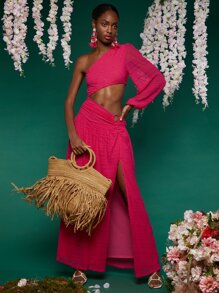 Travachic 金屬圓環單肩燈籠袖鏤空高衩連衣裙