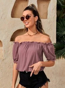 SHEIN VCAY 木耳邊一字領襯衫 - 淡紫色 - 查看 4