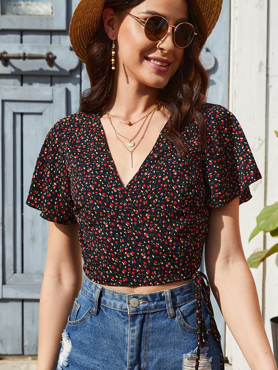 SHEIN Clasi 碎花側打結上衣 - 彩色 - 查看 1