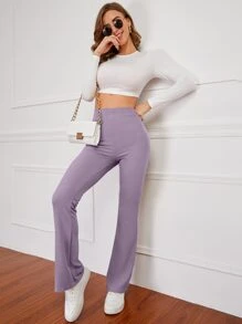 INAWLY High Waist Ribbed Knit Flare Leg Trousers - Lilac Purple - View 1
